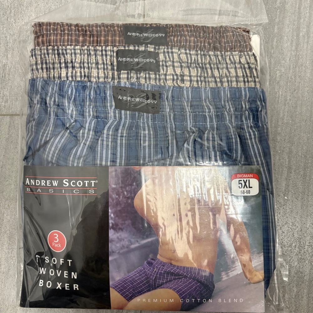 Andrew Scott Basics Men 5XL‎ Big Man 3 Pack Soft Woven Boxers Plaid 58-60 Waist